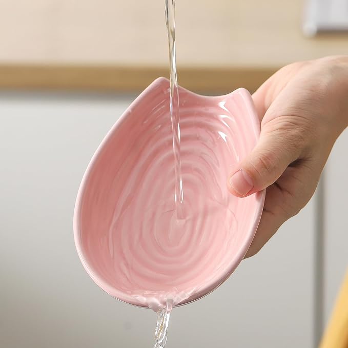 Spoon Rest for Kitchen Counter, Ceramic Cooking Spoon Holder for Stove Top, Porcelain Utensil Rest for Spatula, Ladle, Tong and Spoon, Modern Kitchen Accessories Decor, Pink