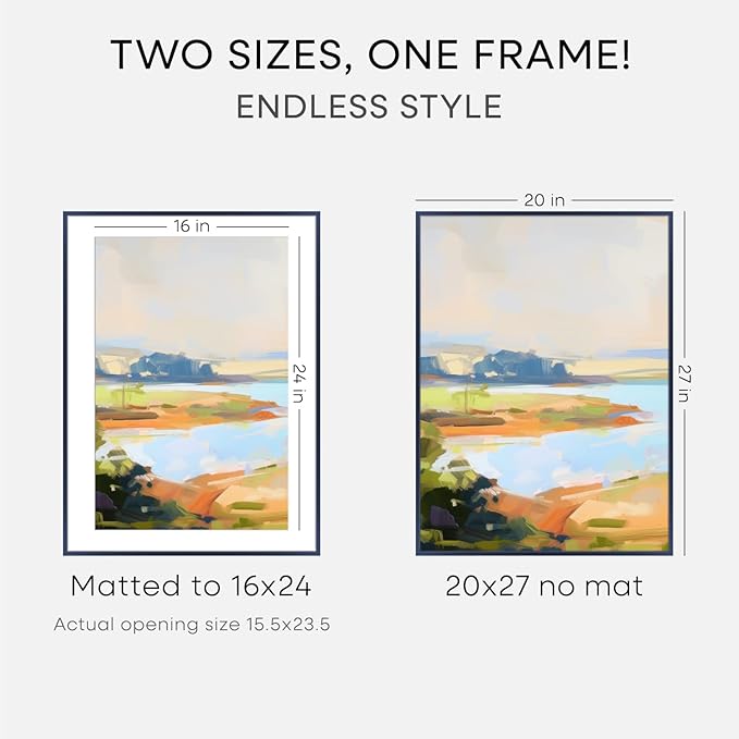 Homeforia 20x27 Picture Frame Navy Blue, High End Metal 20x27 Poster Frames with Mat 16x24 Photo, 20 x 27 Navy Blue Frame Matted to 16 by 24 Print, 27x20 Thin Frame, Tempered Glass, Wall Kit, Set of 1