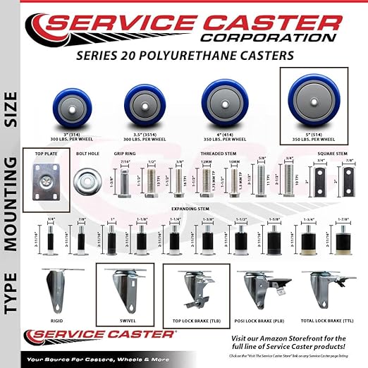 Service Caster Brand Replacement Caster for Uline Caster H-5540SWB - Swivel Top Plate Caster with 5 Inch Blue Polyurethane Wheel and Top Lock Brake - Fits Carts, Dollies and Poly Box Trucks H-3840