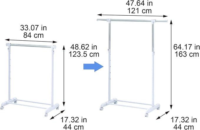 Adjustable Rolling Garment Rack 84-121cm Wide, Chrome White - Image 3