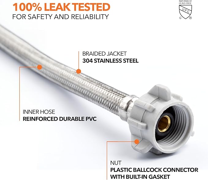 Stainless Steel Braided Water Connectors with Reinforced PVC Inner Hose for Toilets, 3/8" Compression x 7/8" Ballcock, 12" Length (5Pack)