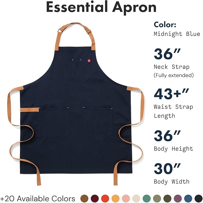 hedley & bennett Essential Apron – Adjustable Bib Chef Apron with 3 Pockets & Towel Loop – 12oz Cotton Canvas – Midnight Blue