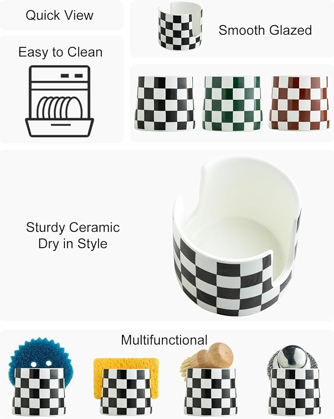 Zoeeker Sponge Holder for Kitchen Sink, Ceramic Checkered Dish Sponge Rack - Image 3