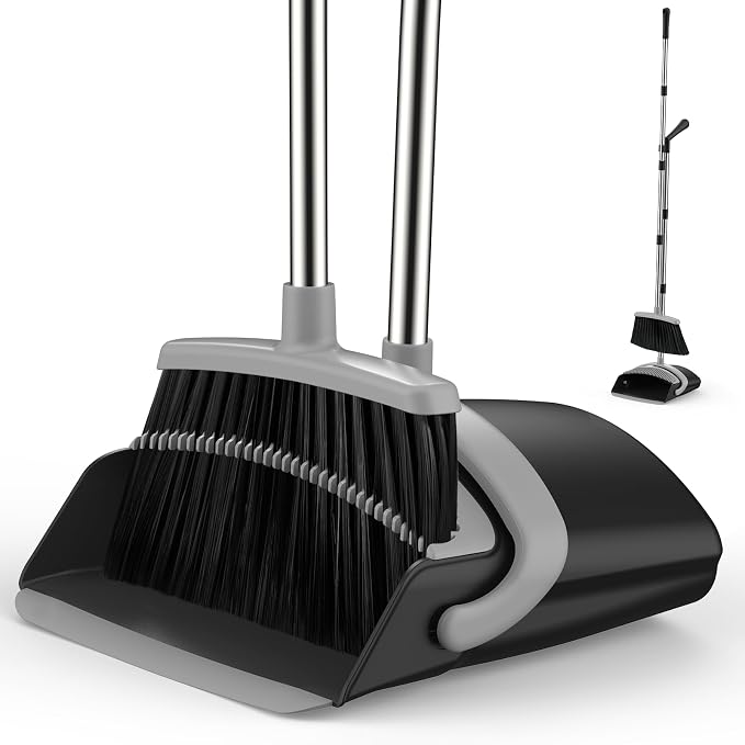 Broom and Dustpan Set for Home, 51-in Long Adjustable Handle Angle Broom and by EZKEY
