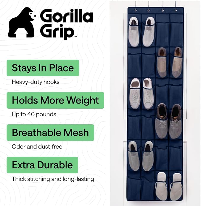 GORILLA GRIP Over the Door Shoe Organizer, 24 Large Pockets, Space Saving - Image 2