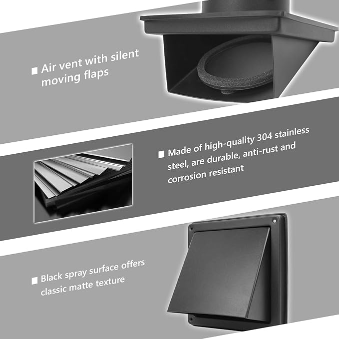 6 Inch Black Dryer Vent Cover Outside Stainless Steel Wall Vent with Removable Cover and Bird Screen Mesh RAL9011