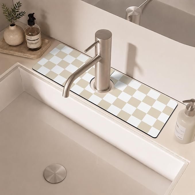 Light Brown White Checkered Kitchen Sink Splash Guard Faucet Mat, Faucet - Image 6