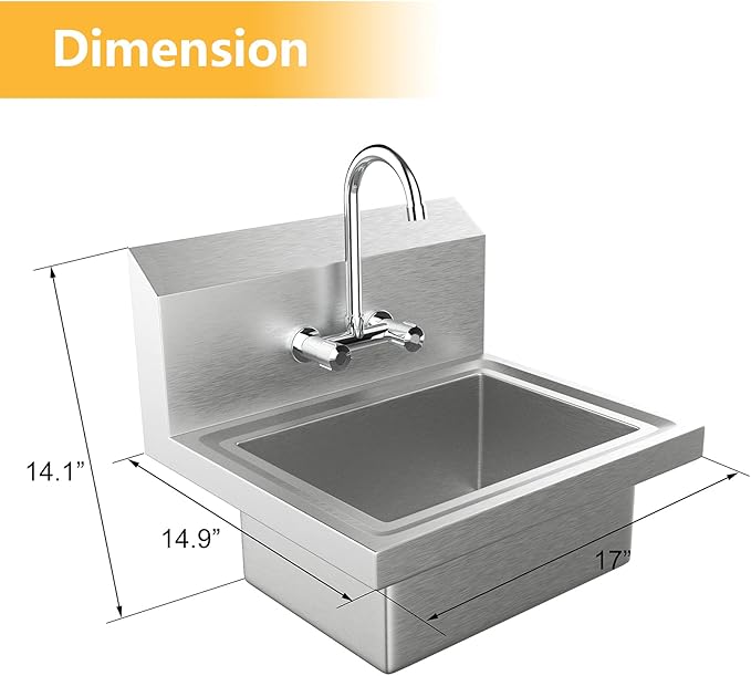 Bonnlo Upgraded Commercial Hand Wash Sink Stainless Steel Prep/ Bar Sinks - Wall Mount Utility Sink with Faucet, Heavy Duty Hand Washing Basin for Commercial Restaurant RV Kitchen, 17x 15 x 14
