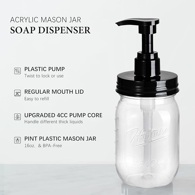 Amolliar Plastic Mason Jar Soap Dispenser - 16OZ | Refillable BPA-Free Hand - Image 2