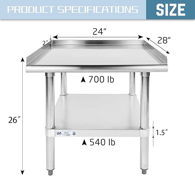 Hally Stainless Steel Equipment Stand 28x24 Inches with Undershelf, NSF Commercial Prep & Work Table with Rear and Side Risers, Heavy Duty Grill for Kitchen, Bar, Restaurant, Home and Hotel