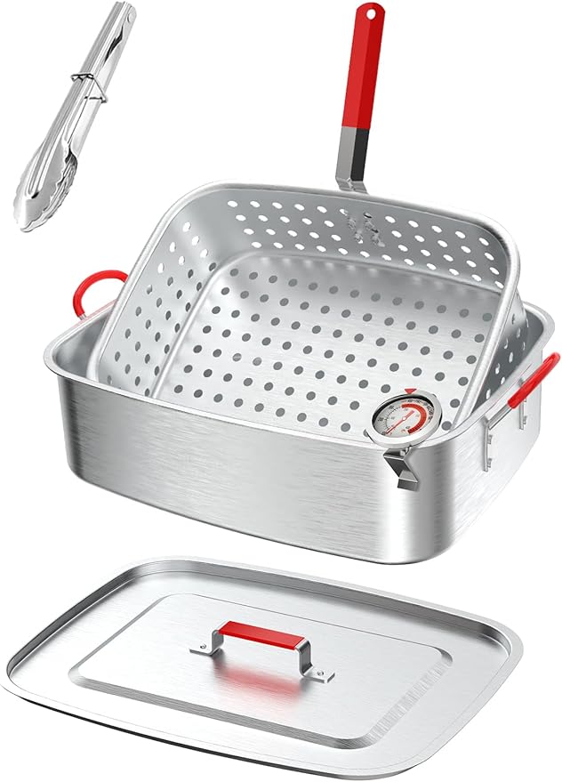 18QT Aluminum Deep Fryer Pot with Basket | Lid | 9" Fryer Tong | 6" Thermometer | Outdoor Fish Fryer Pot | Ideal for Frying Fish | French Fries | Chicken Wings