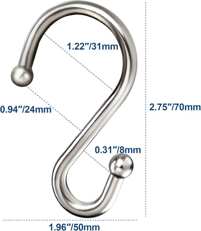 TOPROD Shower Curtain Hooks Rings, Zinc Alloy S Shaped Shower Hooks Rust Proof - Image 6