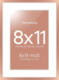 Homeforia 8x11 Picture Frame Rose Gold, High End Metal 8 x 11 Poster Frames with Mat 6 by 9 Photo, 11x8 Frame Matted to 6x9 inch Print, 8by11 Wall or Tabletop Frame, Tempered Glass, Wall Kit, Set of 1