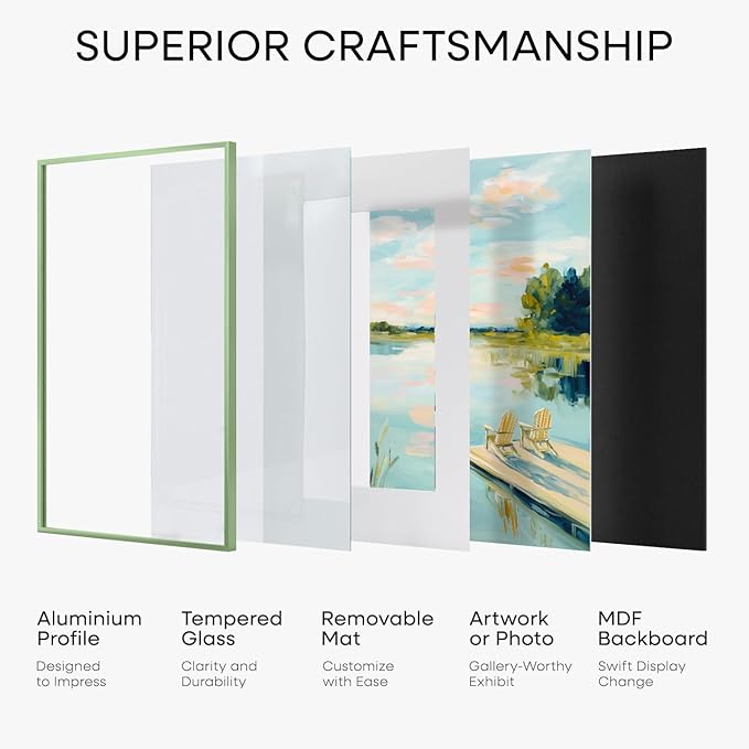 Homeforia 10x14 Picture Frame Sage Green, High End Metal 10x14 Wall Hanging Frame with Mat 8x12, 10 x 14 Poster Frame Matted to 8 x 12 inch Photo, 10by14 Thin Frame, Tempered Glass, Wall Kit, Set of 2