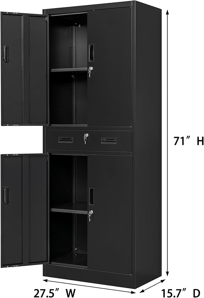 CJF Metal Storage Cabinet, 71" H Locking Storage Cabinet with Drawer and Adjustable Shelves, Steel Cabinets for Garage, Home Office, Kitchen (Black)