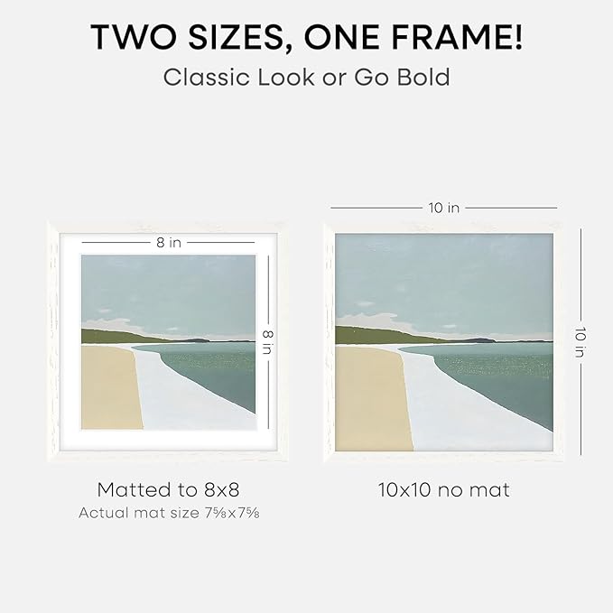 Homeforia 10x10 White Picture Frame, High-End Oak 10 x 10 Square Wooden Frames with Mat 8 by 8 Photo, 10by10 Wood Frame Matted to 8x8 Print, Wall or Tabletop Frames, Tempered Glass, Wall Kit, Set of 2