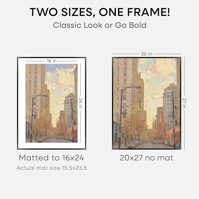 Homeforia 20x27 Picture Frame Black, High End Metal 20x27 Poster Frames with Mat 16x24 for Photo, 20 x 27 Black Frame Matted to 16 x 24 inch Print, 27x20 Thin Frame, Tempered Glass, Wall Kit, Set of 1