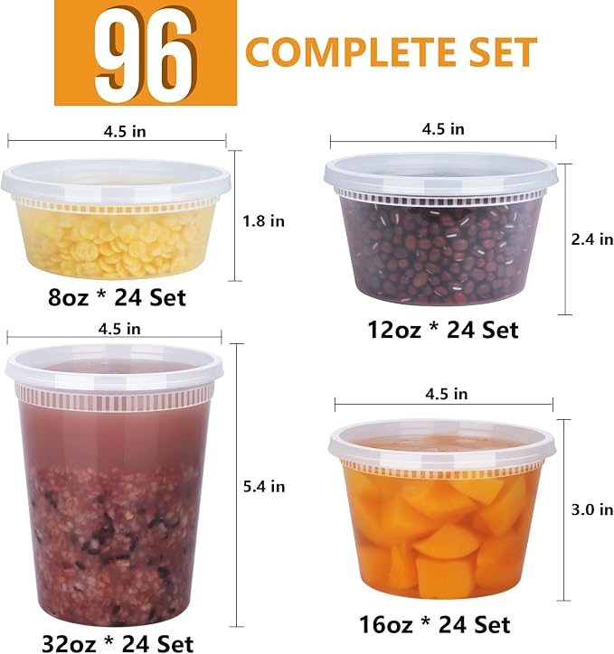 96 Pack Deli Containers with Lids, 32/16/12/8 oz X 24 Set Each | Leak-Proof & - Image 2