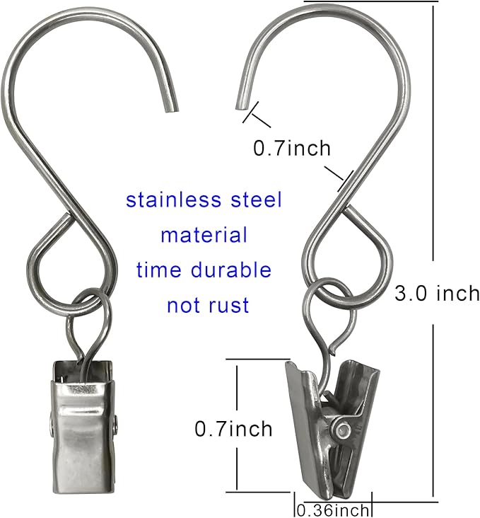 Stainless Steel S Hooks Curtain Clips, 50 Pack Hanging Party Lights Clips - Image 2