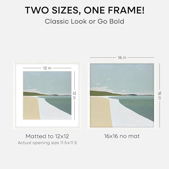 Homeforia 16x16 White Picture Frame, High End Oak 16 x 16 Square Wood Frames with Mat 12 by 12 inches Photo, 16by16 White Wooden Poster Frames Matted to 12x12 Print, Tempered Glass, Wall Kit, Set of 2