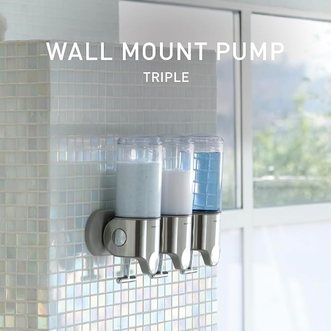 simplehuman Triple Wall Mount Pumps, Hotel-Grade Refillable 3-Chamber Shampoo - Image 3