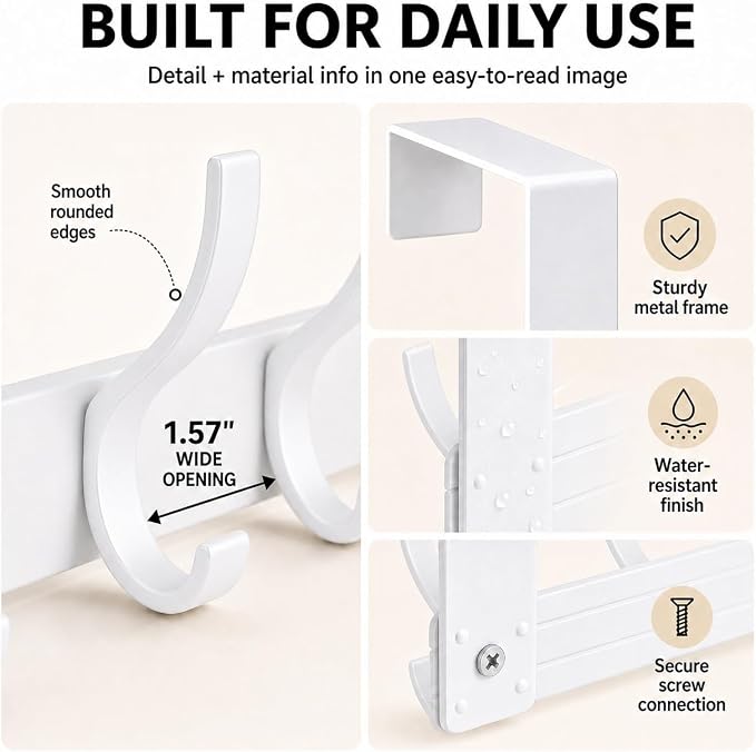 Peasulin Over The Door Hook Rack 11", 2 Pack, Long 6 Double Hooks | 12 Hanging - Image 6