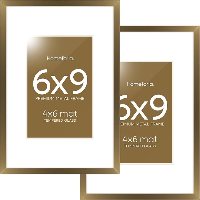 Homeforia 6x9 Picture Frame Bronze, High End Metal 6 x 9 Brass Frames with Mat 4 x 6 for Art, 6x9 Desk Frame Matted to 4x6 inch Photo, 6 by 9 Wall or Tabletop Frame, Tempered Glass, Wall Kit, Set of 2