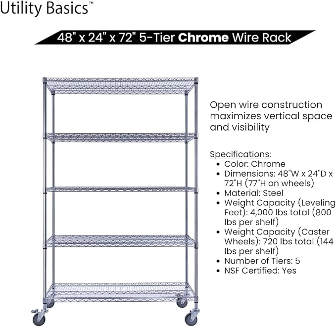 NSF Commercial 5-Tier Wire Shelving with Wheels, 48"x24"x72" Heavy Duty Metal Shelves 4000 lbs Max Capacity, Chrome Storage Rack for Garage Kitchen Pantry Warehouse