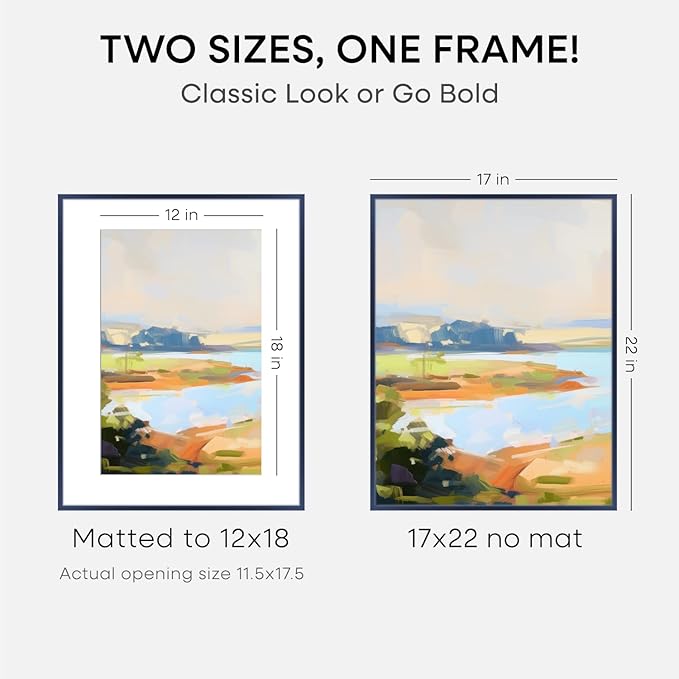 Homeforia 17x22 Picture Frame Navy Blue, High End Metal 17x22 Poster Frames with Mat 12x18 Photo, 17 x 22 Navy Blue Frame Matted to 12 by 18 Print, 22x17 Thin Frame, Tempered Glass, Wall Kit, Set of 1