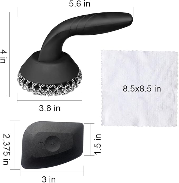 Cast Iron Scrubber with Pan Scraper & Towl, 316 Chainmail Scrubber with Long Handle, Upgraded Chain Mail Scrubber Cleaner for Grill Pan Skillet Wok Carbon Steel Dutch Oven Metal Brush (Black)