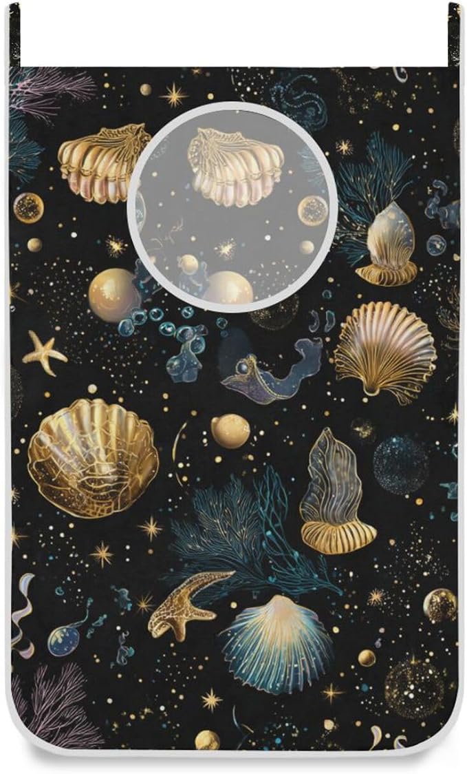 Shell Starfish Black Hanging Laundry Hamper Door Hampers Bag Basket by Tatenale