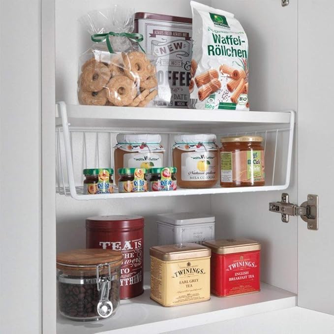 Modern Home Under Shelf Wire Storage Baskets – Hanging Organizer Rack for Cabinet, Pantry, or Closet – White Metal Basket for Kitchen, Towels, or Office – No Tools Required (15")
