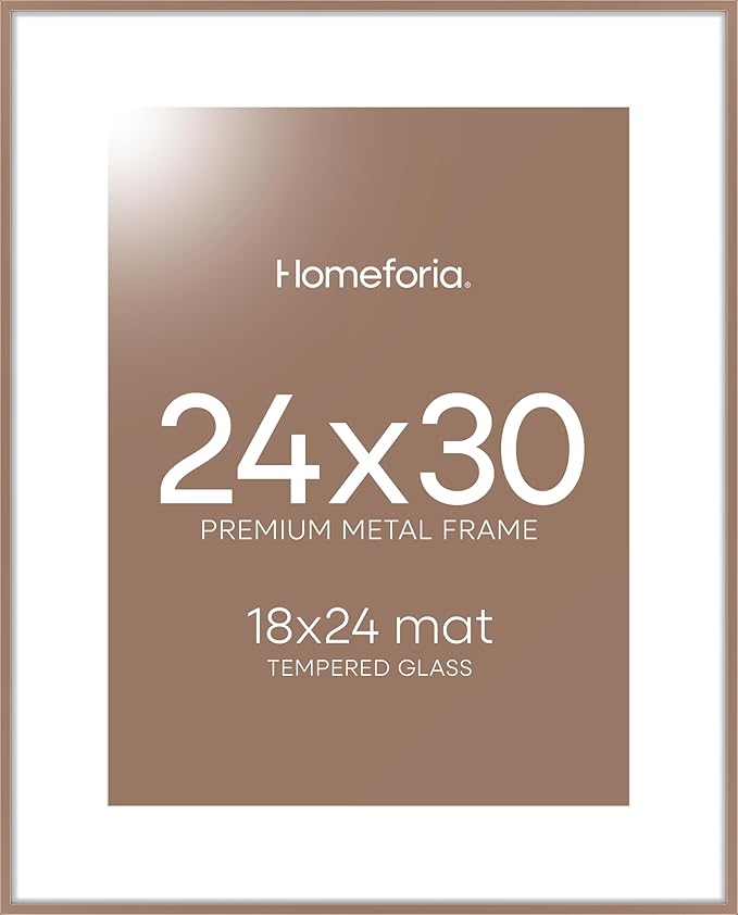 Homeforia 24x30 Poster Frame Mocha, High End Metal 24 x 30 Picture Frames with Mat 18 by 24 inches Photo, 24x30 Mocha Frame Matted to 18x24 Print, 30x24 Large Frame, Tempered Glass, Wall Kit, Set of 1