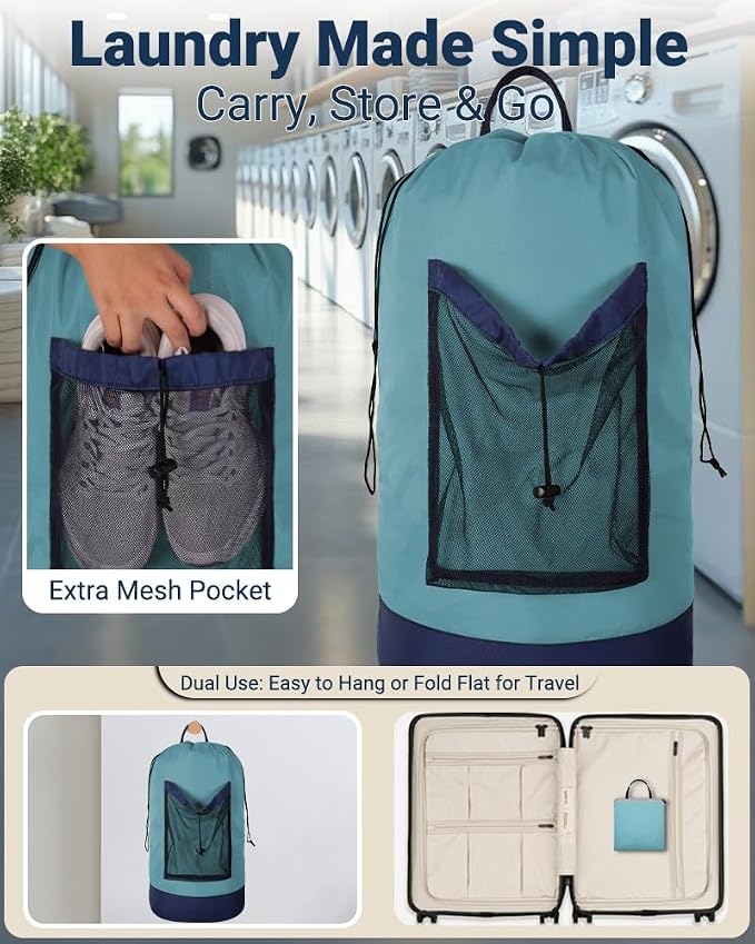 Laundry Bag with Shoulder Straps and Mesh Pocket Laundry Backpack Large - Image 3