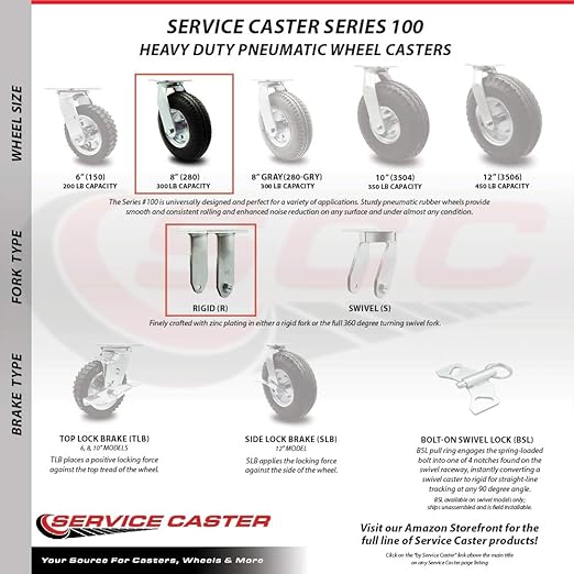 Service Caster Brand Replacement Caster for Uline Caster H-3328BL-R - Rigid Top Plate Caster with 8 Inch Pneumatic Wheel - Heavy Duty Replacement - Fits Platform Trucks and Utility Carts H-2505