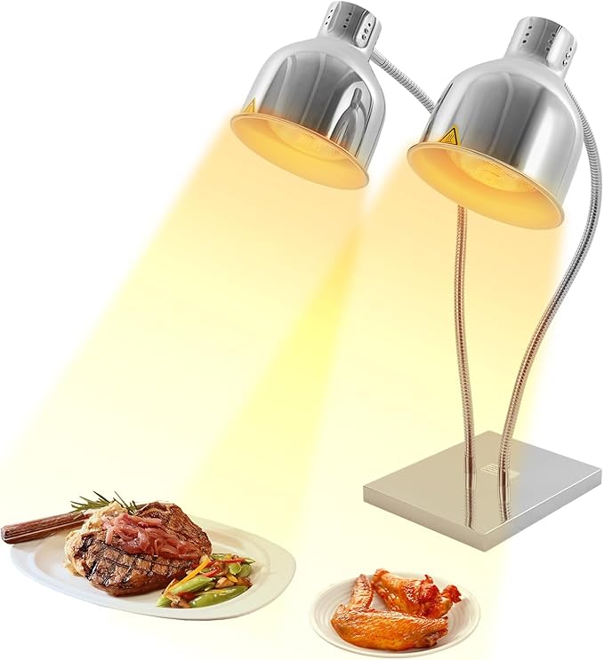 Food Heat Lamp Warmer Silver, 500W Double Bulbs Buffet Display Heating Preservation Light, Electric Portable Infrared Heating Lamp with 360°Adjustable Head (Silver)