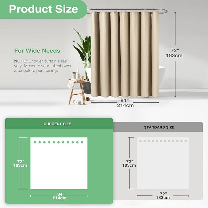 Dynamene Extra Wide Waffle Shower Curtain 256 GSM Fabric 84x72 Beige/Khaki - Image 3