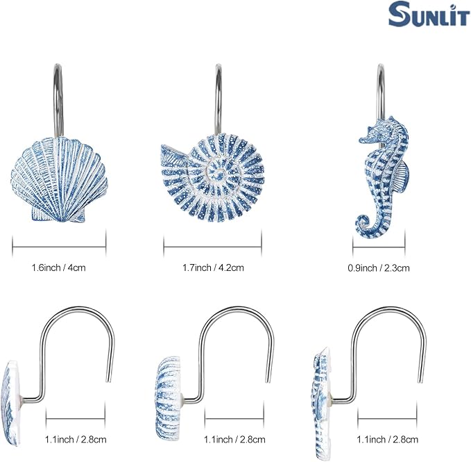 Sunlit Seashells Decorative Shower Curtain Hooks, Sky Blue Ocean Creatures - Image 3