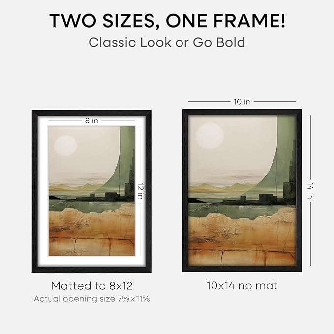Homeforia 10x14 Picture Frame Black Wood, High End Oak 10x14 Poster Frames with Mat 8x12, 10 x 14 Wooden Frame Matted to 8 x 12 inch Photo, 14x10 Thin Hanging Frame, Tempered Glass, Wall Kit, Set of 2