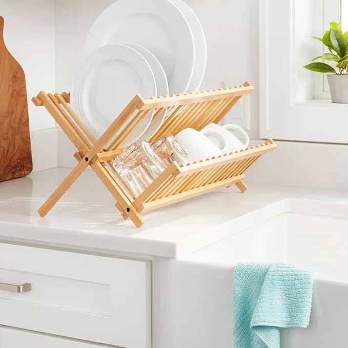 Bamboo Dish Drying Rack for Kitchen Counter, 2-Tier Collapsible Foldable Dish Drainer, Space-Saving Wooden Organizer for Dishes, Plates, Cups, Housewarming Gift