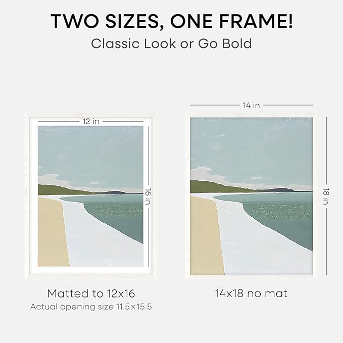 Homeforia 14x18 White Picture Frame, High End Oak 14x18 White Wooden Poster Frames with Mat 12x16 for Print, 14 x 18 Wood Frame Matted to 12 x 16 Photo, 18x14 Frame, Tempered Glass, Wall Kit, Set of 2