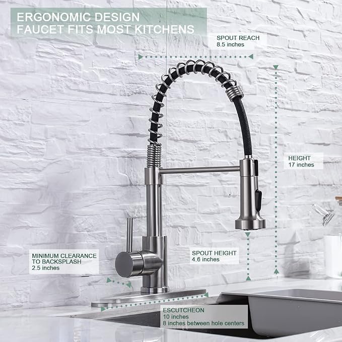 WEWE Pull-Down Kitchen Faucet, 2-Mode Sprayer, Brushed Nickel | 17-Inch Height - Image 2