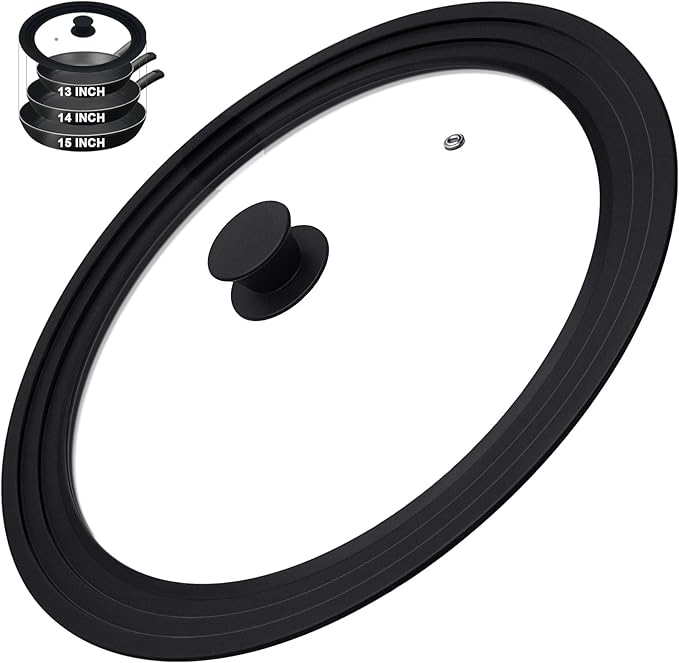 15 Inch Universal Pan Lid, Heat Resistant Frying Pan Lid, Silicone & Tempered Glass Lid for 13-15 Inch Pots and Pans