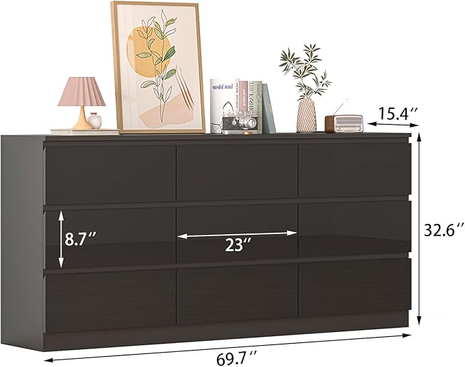 9 Drawers Dresser with Charging Station, Modern Large Dresser with 9 Handle Free Drawers, Wood Chest of Drawers for Bedroom, Living Room, Entryway, Hallway, Black