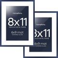 Homeforia 8x11 Picture Frame Navy Blue, High End Metal 8 x 11 Poster Frames with Mat 6 by 9 Photo, 11x8 Frame Matted to 6x9 inch Print, 8by11 Wall or Tabletop Frame, Tempered Glass, Wall Kit, Set of 2