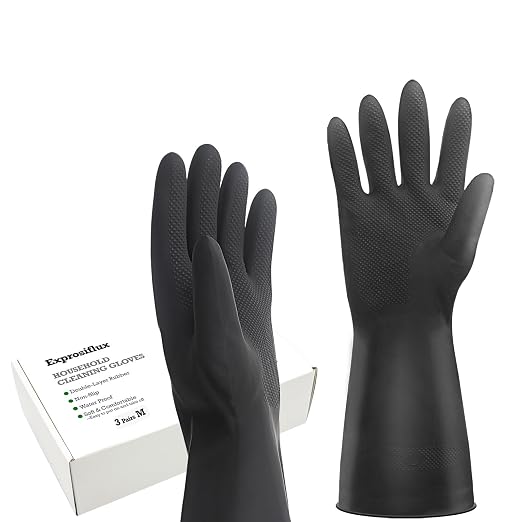Heavy-Duty Thick Black Rubber Cleaning Gloves, 3 Pairs, M | Reusable & - Image 7