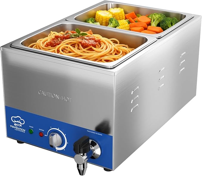 2-Pan Commercial Food Warmer with Non-Leakage Stretch-Forming Water Tank &2 of 1/2 Size GN Pan,Countertop Soup Station Bain Marie with Drain Tap for Buffet,Catering,Parties and Restaurants