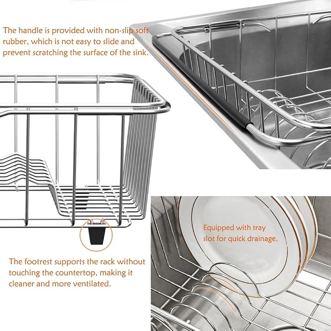 NiuYichee Stainless Steel Dish Drying Rack, Expandable Fruit & Vegetable Drain - Image 8