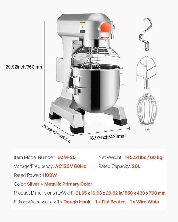 Happybuy 20Qt Commercial Food Mixer with Timing Function， Commercial Mixer 1100W Stainless Steel Bowl Heavy Duty Electric Food Mixer Commercial with 3 Speeds Adjustable, Perfect for Bakery Pizzeria