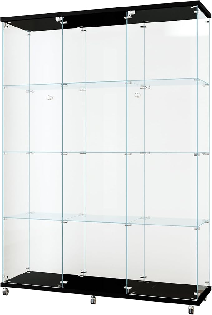 66.5" H 4-Shelf Extra Large Glass Display Cabinet with Double Doors,Modern Floor Standing Curio Cabinet Bookshelf Collection Display Case with Lockable Casters & Lock for Living Room (Black)